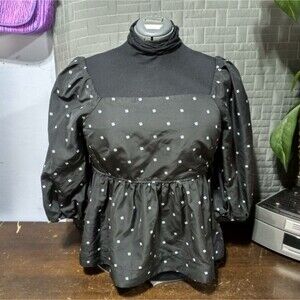 Free Assembly Peplum Smocked Top size XL Black with Tiny White Print Reg…